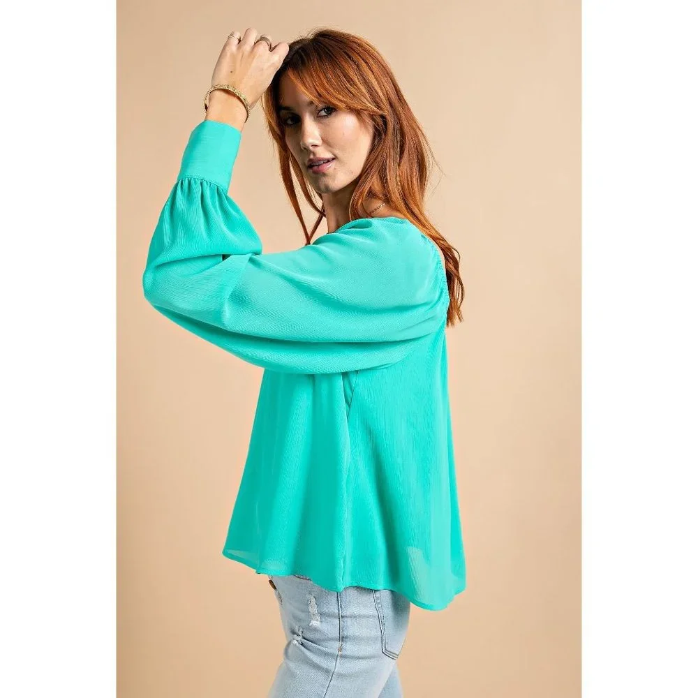 Easel Atlantis Green Buttoned Cuffs Loose Fit Chiffon Lightweight Lined Blouse - Picture 4 of 5